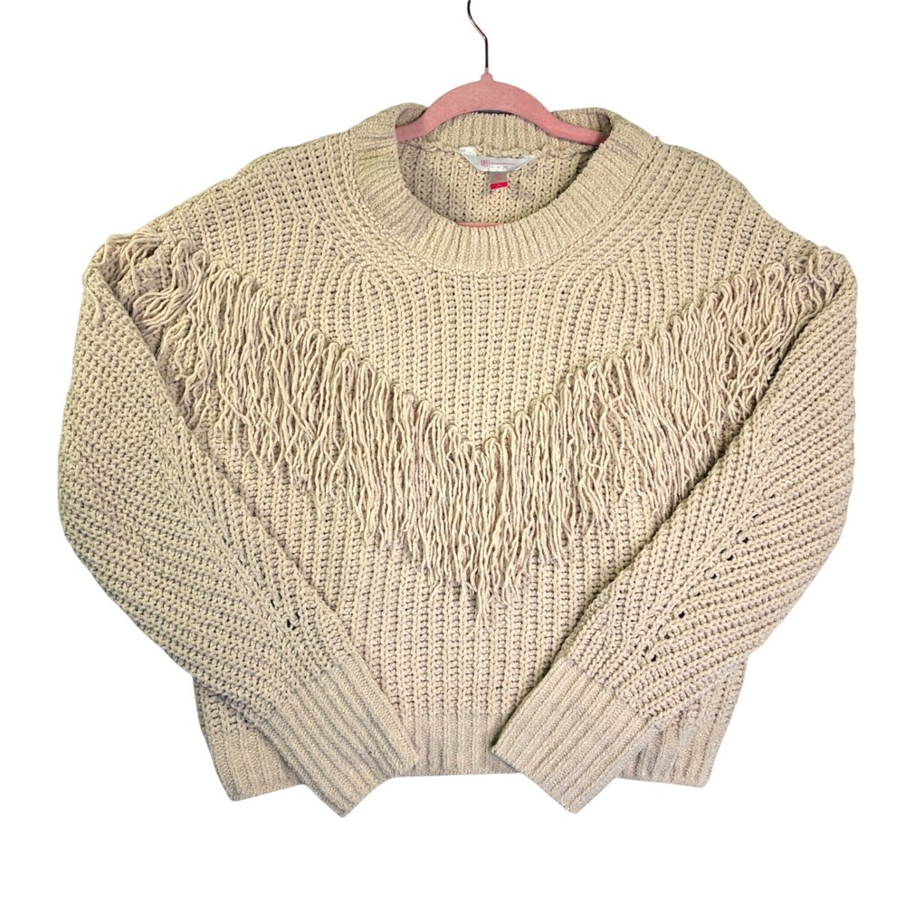 No Boundaries Beige Chenille Fringe Knit Sweater Womens Medium Boho Western Crew